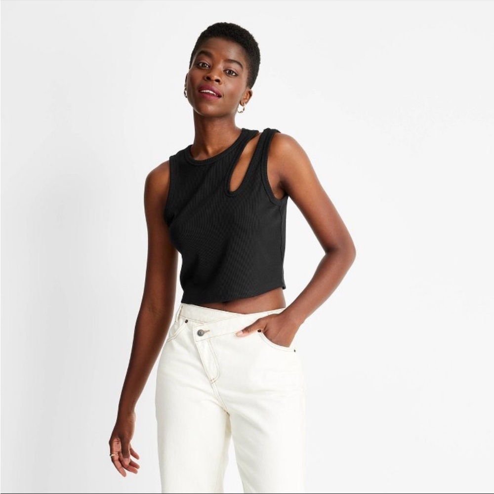NWT Future Collective Kahlana Barfield White Ribbed Cut Out Crop Tank Top